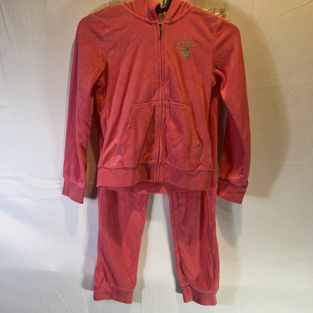 New Girls Pink Juicy Couture Size 7 velour zip-up jacket & Pants Set Sweat Suit